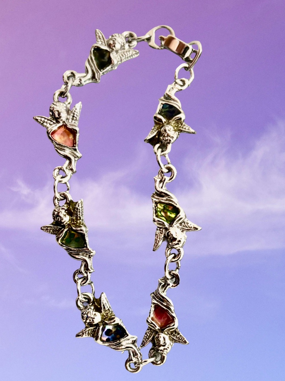 Vintage Silver Tone Angel Link Bracelet with Pink, Green & Iridescent Accents